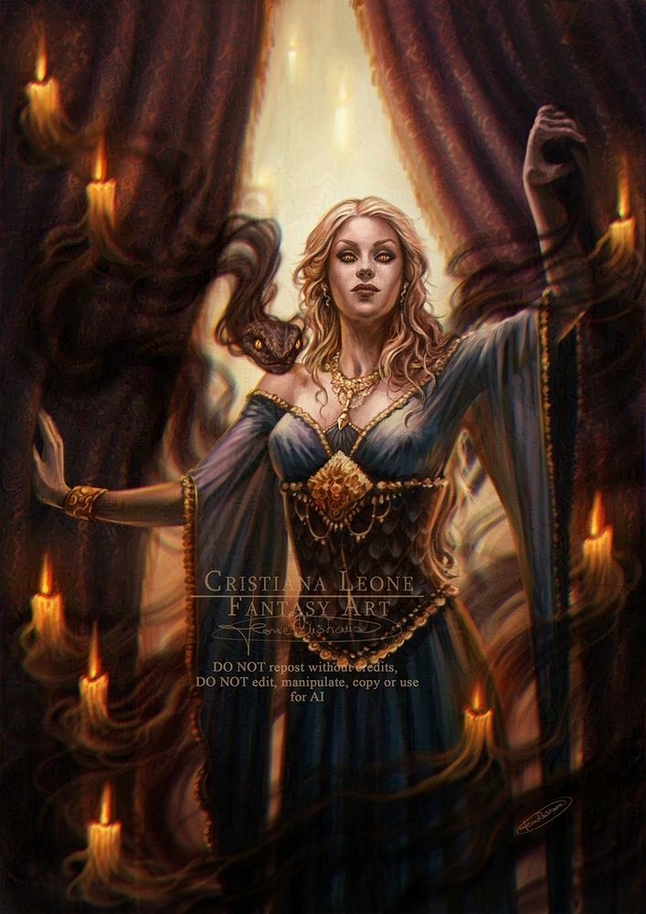 PALLEMINA - A young, beautiful blond woman looks out from a curtain, gazing enchantingly but vaguely dangerously at the observer. Around her, the black smoke of magic swirls, supporting candles, as it takes the form of a snake's head.