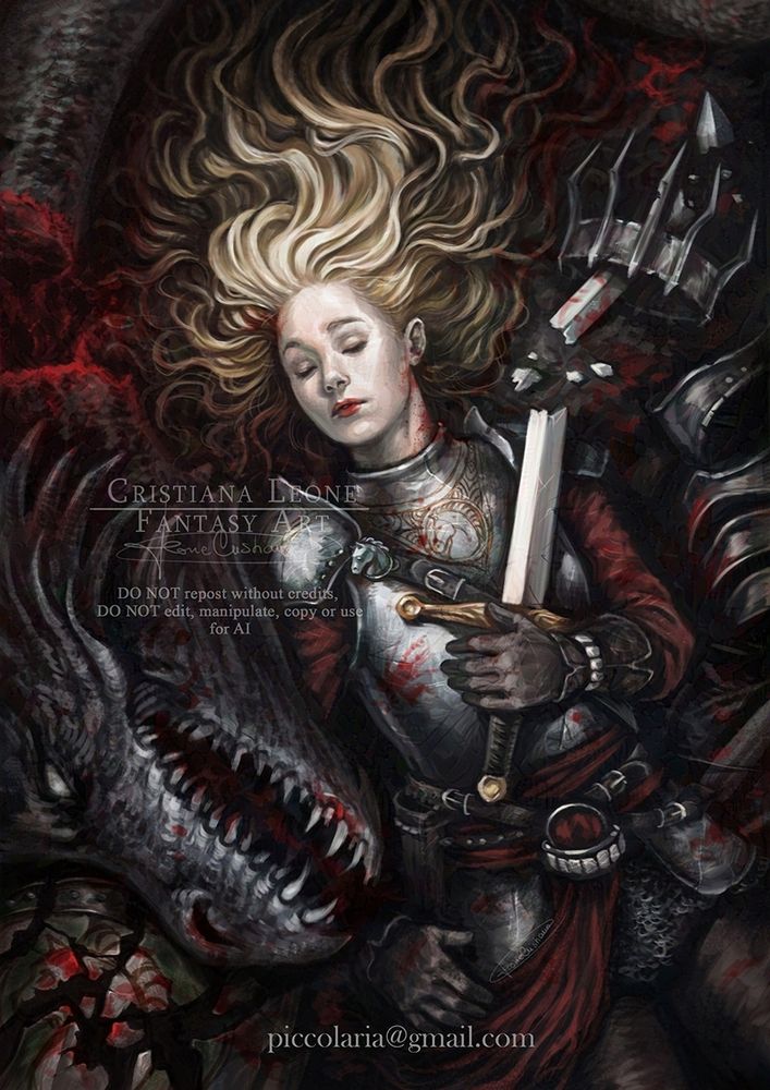 EOWYN - digital painting depicting Eowyn lying on the ground, looking dead. Long blond hair frames her pale but seemingly serene face. She holds the hilt of her sword, the broken tip of which is in the now-empty crown of the sorcerer of Angmar. The head of the Nazgul's monstrous mount lies at her side, above the broken shield.