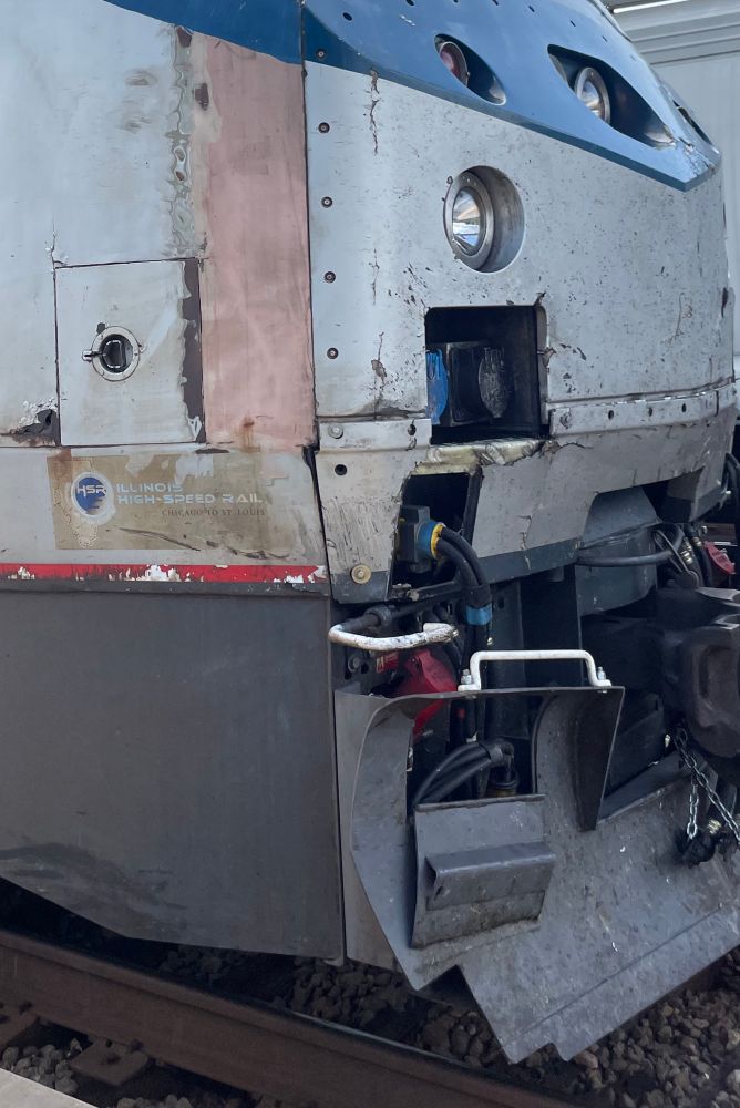 Faded decal on P42 locomotive saying Illinois High-Speed Rail