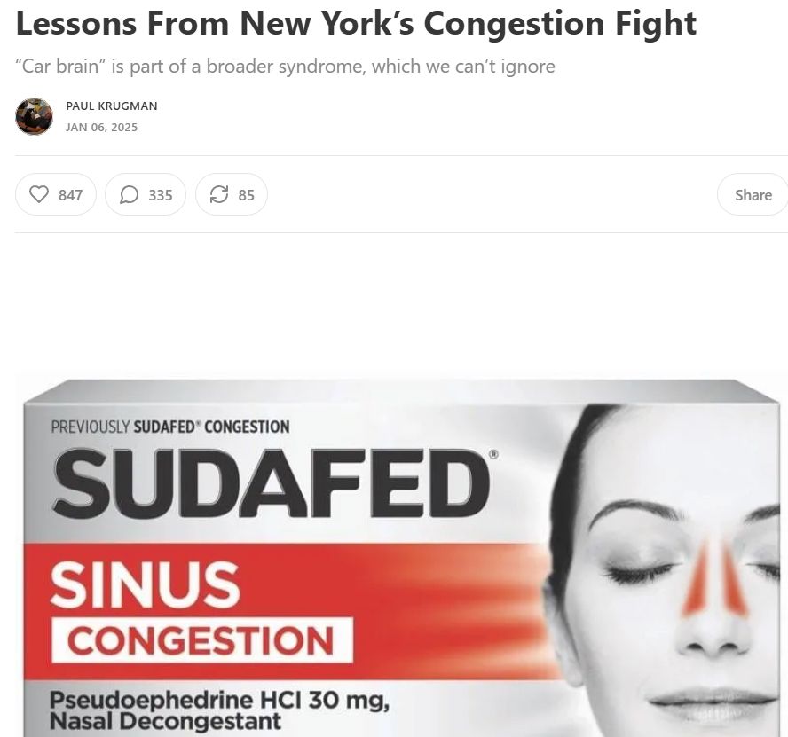 Sudafed sinus congestion add on an article about congestion pricing 
