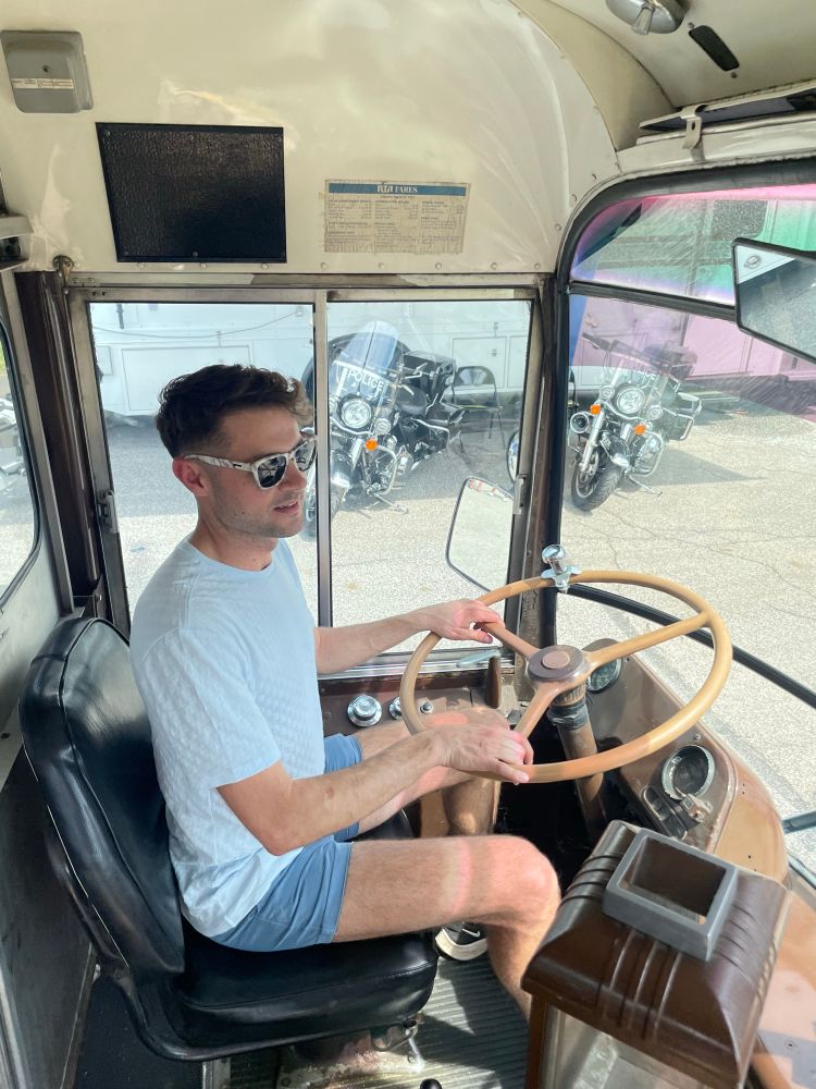 James in the driver seat of the RTA 50th bus 