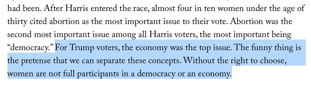 A screen grab from the linked article with text highlighted: "For Trump voters, the economy was the top issue. The funny thing is the pretense that we can separate these concepts. Without the right to choose, women are not full participants in a democracy or an economy."