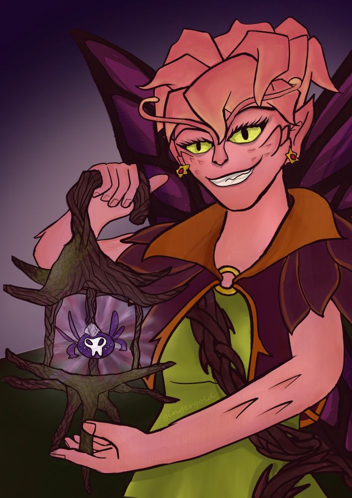 Mireska Sunbreeze, the Dark Willow, holding JEX while looking menacing with a scary smile.
