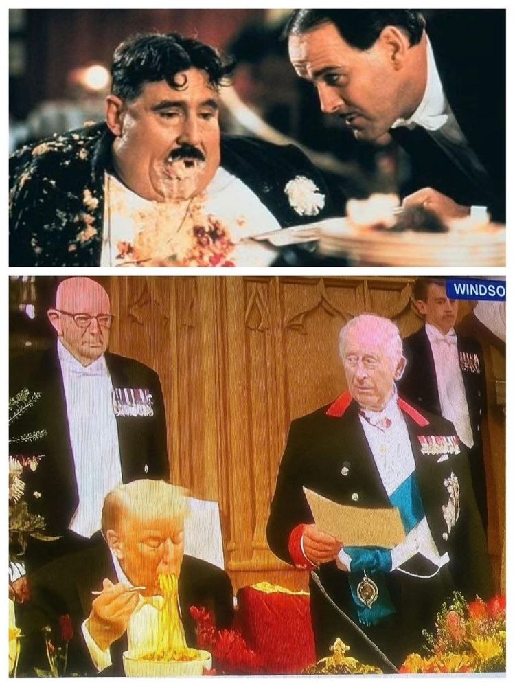 Meme comparing Trump at Windsor with the fat guy at a restaurant from the Monty Python movie Meaning of Life