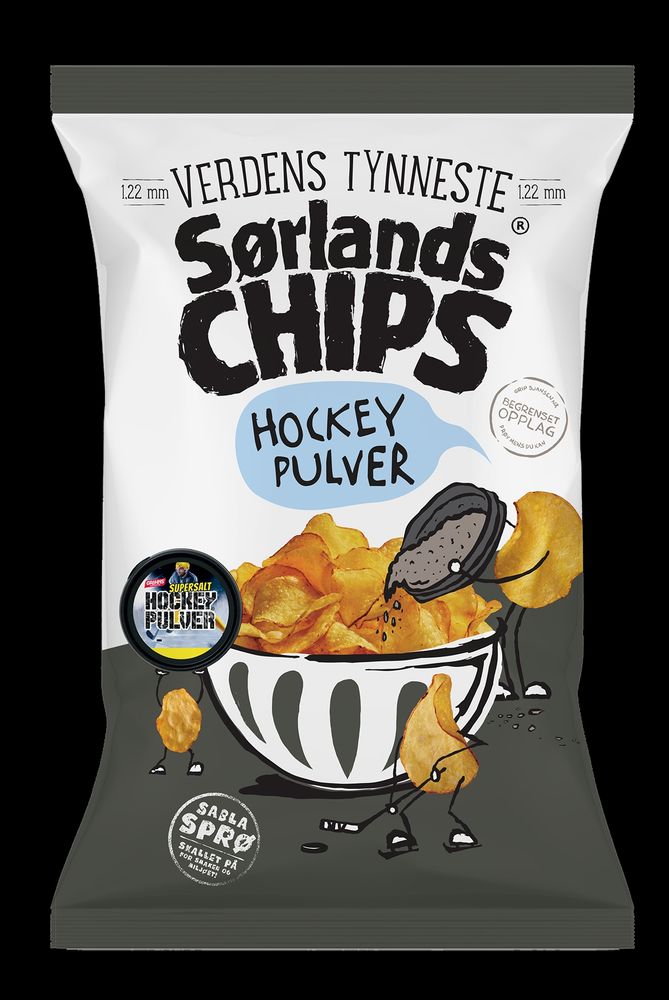 Picture of a chips bag with the taste of "hockey pulver" (licorice and salmiakki)