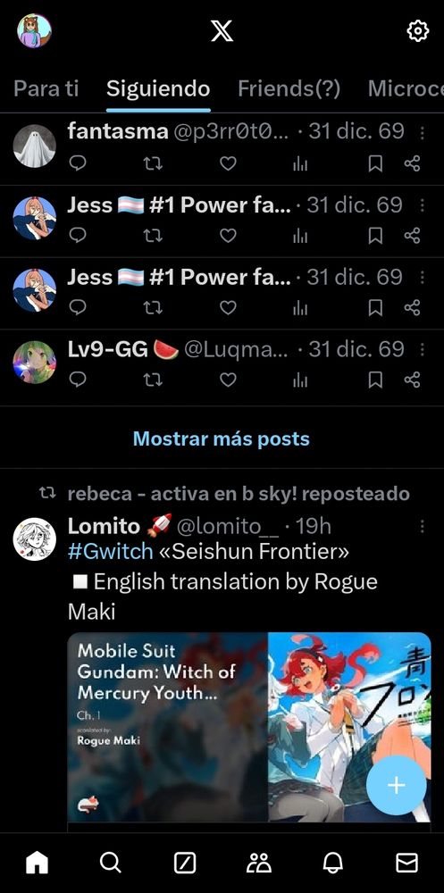 twitter timeline
from bottom to top:
-a retweeted post from 19 hours ago, perfectly visible 
-the "show more posts" button
-four empty tweets in a row  all from "December 31, '69" 