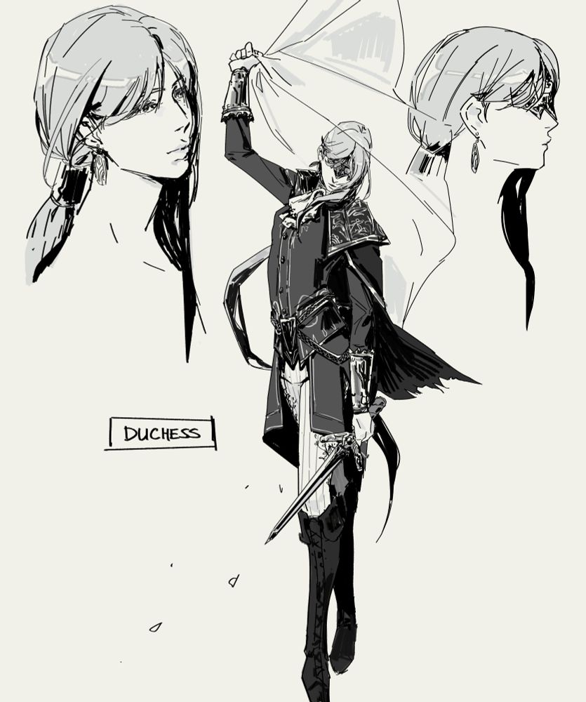 black and white sketch of a young woman, two sketches of her face and another full body pose where she is holding a transparent veil