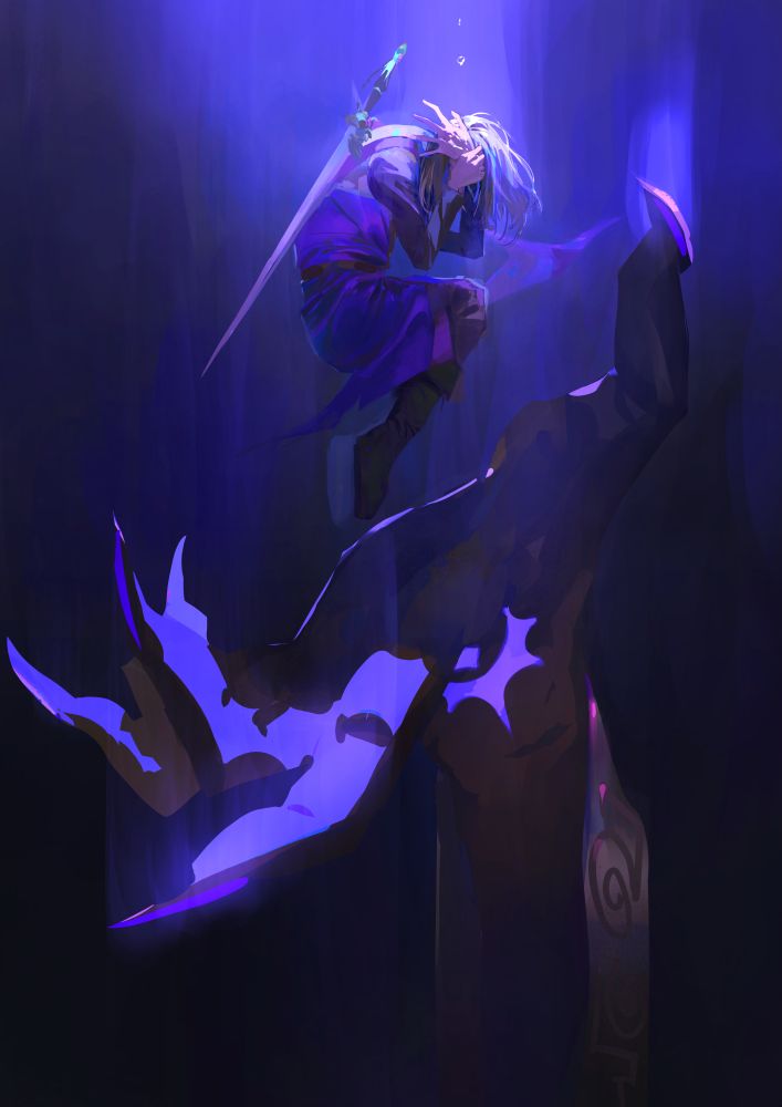 the hero grasping his hand with the faded mark being held by the lord of shadows