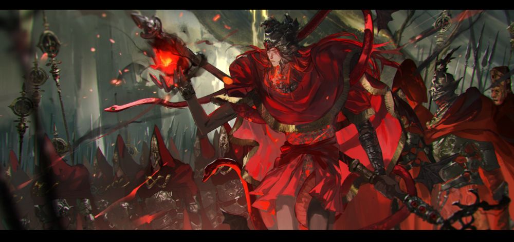 painting of Messmer and his fire knights. messmer is holding his fire orb while his knights march in the background, the scadutree weeping sap behind them