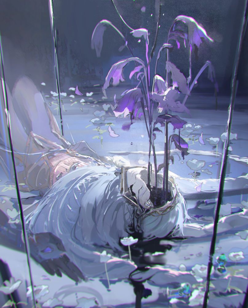 an illustration of thiollier, mask broken, the cavity filled with dark liquid from which purple lillies bloom.