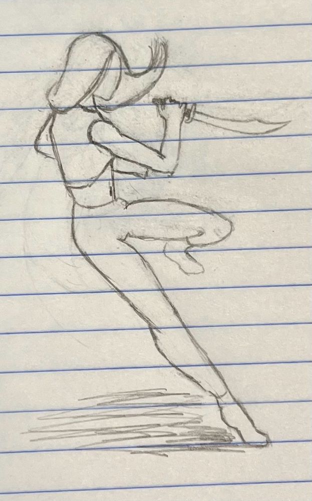 drawing of an action pose of a girl holding a scimitar; no color