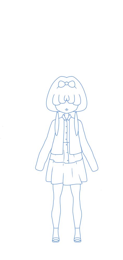 blue lineart of a girl wearing a dress and cardigan; digital art