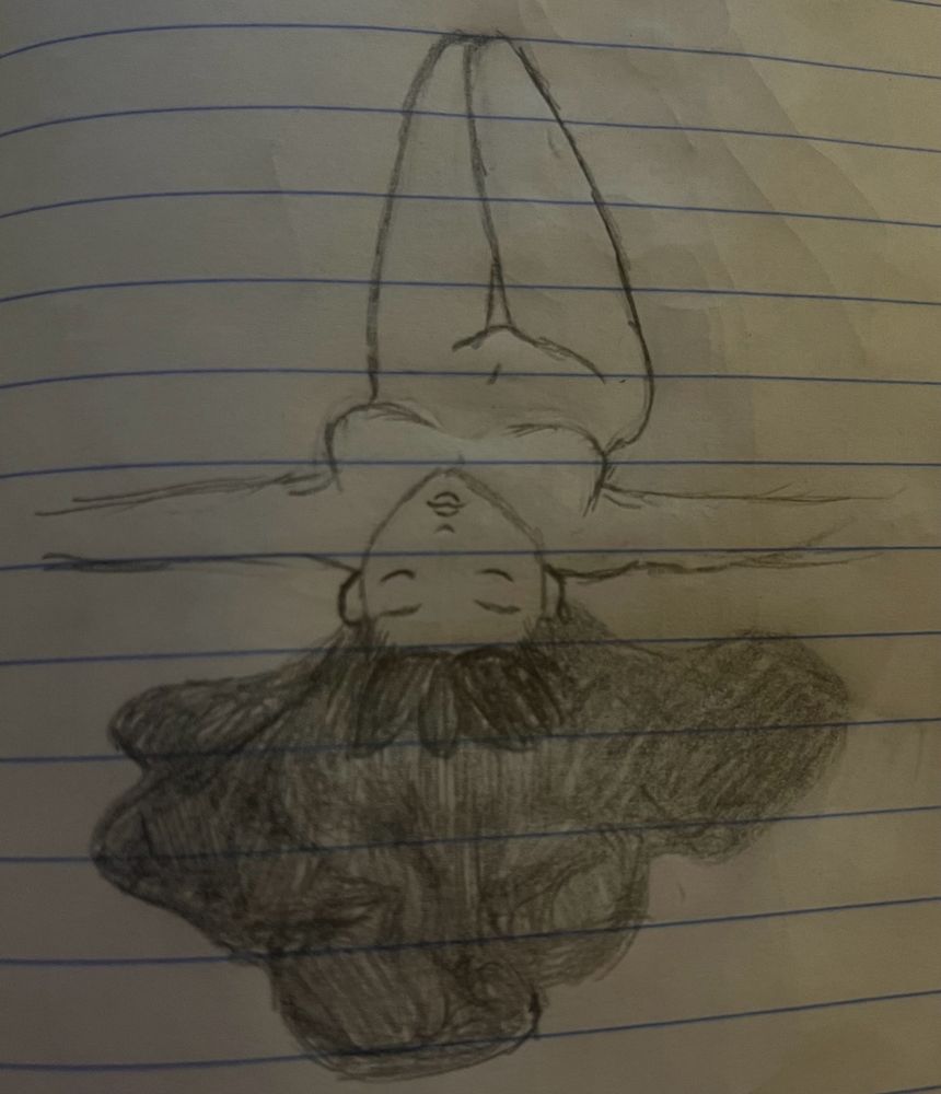 “naked” (doesn’t show anything but like blobs??) woman laying on her back her arms out; traditional art, no color