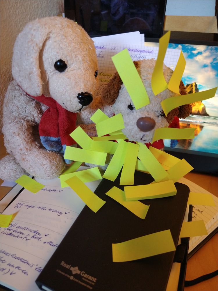 Hundi legt Flecki die Pfote auf den Rücken. Flecki ist über und über mit Lesezeichen bedeckt.