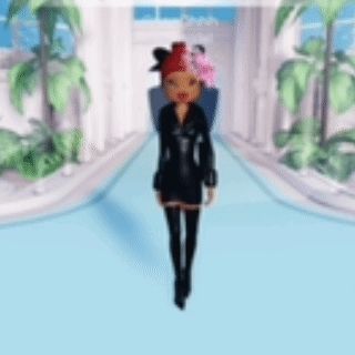 a doll is walking down a blue carpet in a room with palm trees .