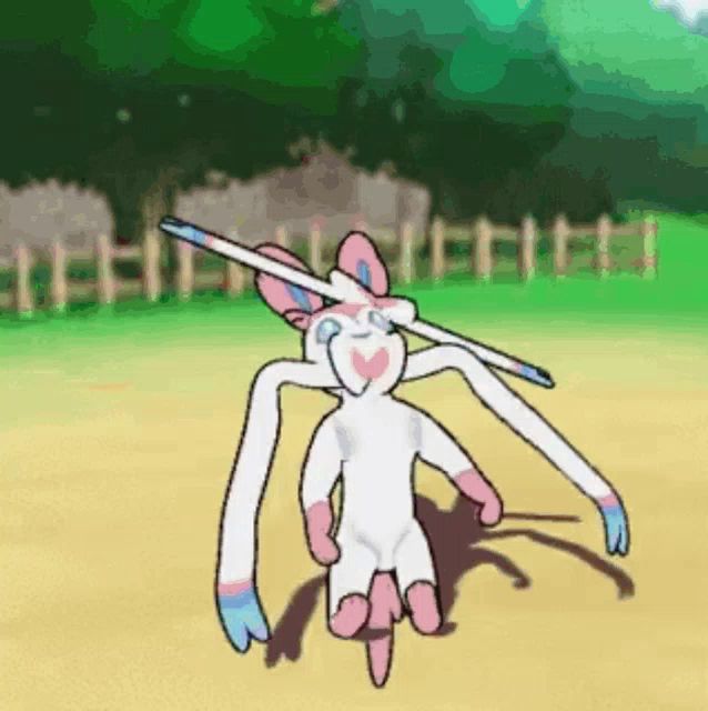 a cartoon drawing of a pink and white bunny holding a stick