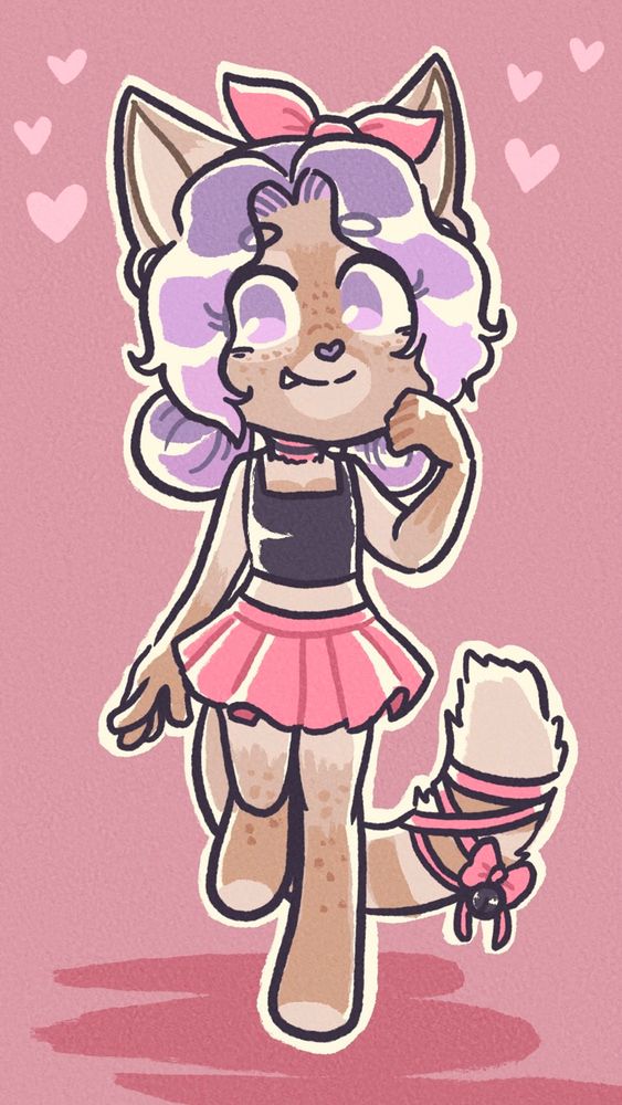 A drawing of the character Fidget for ~Jyris on Artfight! 

Fidget is an anthro Cornish Rex with brown fur with lighter patterns on her torso, feet, and tip of tail. She has light purple eyes and light purple hair that fades to a lighter colour, the hair tied into two buns that hang at the bottom. She’s wearing a black tank top, pink skirt, a ribbon around her tail, a pink ribbon on the top of her head, and a pink collar around her neck. She’s walking towards the camera, smiling playfully, her left hand resting delicately against her cheek. 