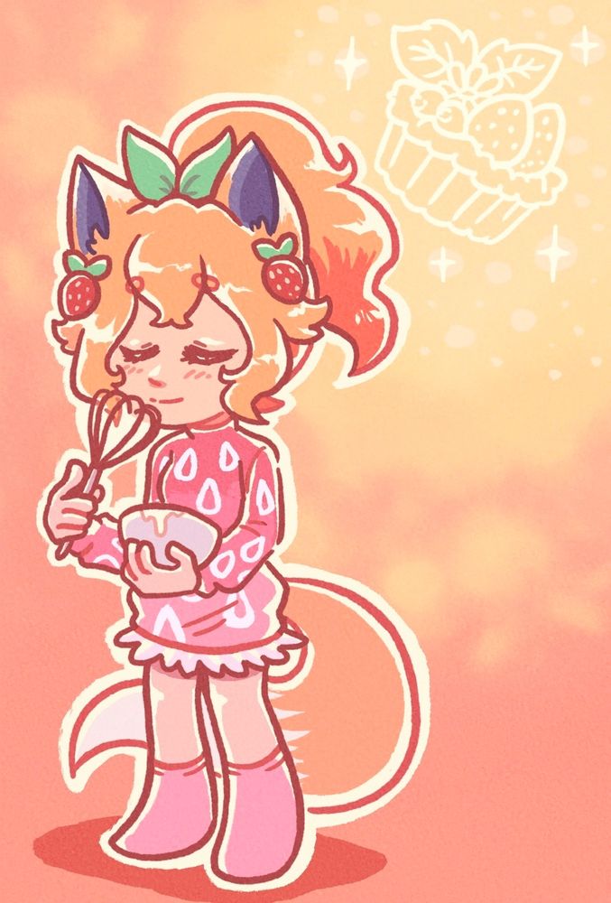 A drawing of the character Nike for ~latteswiirl on Artfight!

Nike is a human foxgirl with orange hair, orange fox ears, and an orange fox tail with white tip at the end. She has strawberry hair accessories on both sides of her ears, and is wearing a ponytail with a green ribbon, the ponytail has a darker tip of orange. She’s wearing a long puffy pinkish strawberry seed-patterned sweaterdress and pink socks. She’s holding a white bowl that she’s mixing with a whisk, pressing the whisk against her mouth in deep thought, as she remembers the tart her late grandfather made, hoping she can recreate the recipe again. 