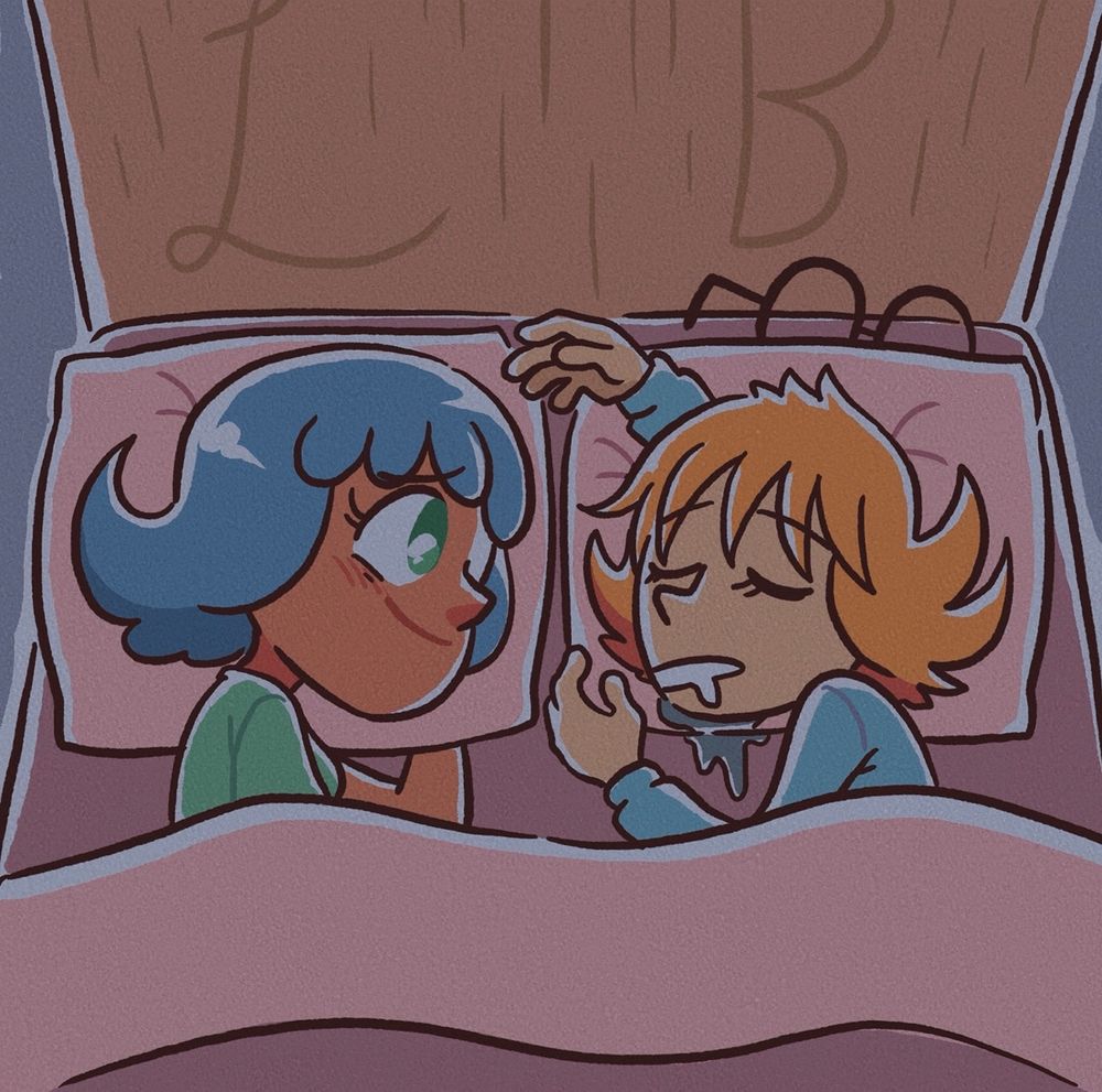 A drawing for artfight of the characters Leslie and Brianne. 

Leslie is a blue-eyed, green-haired woman, Brianne is a blonde woman who wears glasses. They are lying in bed together, Leslie awake and Brianne asleep. Leslie is staring at Brianne lovingly while she drools into her pillow, her glasses to the side. Leslie is wearing her green sleep shirt, Brianne is wearing a light blue long-sleeved pajama outfit. 