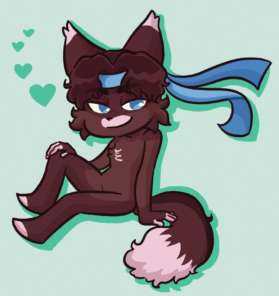 A brown anthro with blue eyes looking flirty at the audience as he sits on the floor, with his right hand resting on his knee. The tips of his hands/ears/feet/tail/muzzle are a peachier white. He’s got a blue bandana wrapped around his head, the tails swaying in the back. Little green hearts are appearing next to his head.