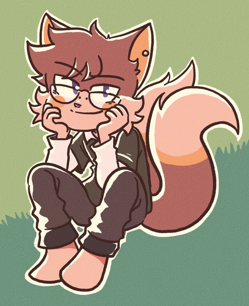 A brown and peach anthro fox guy sitting while smiling slyly at the camera. He is wearing glasses, a black shirt with a white sweater underneath, and black pants. His eyes are purple and so is his nice. He has two tails!