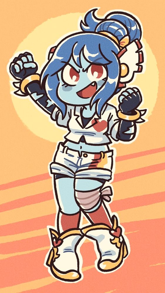 A drawing of the character Fae for Artfight!

She’s a blue-haired, light-blue skinned person with red eyes. She’s punching the air confidently while smiling brightly with a little fang showing. She has tattered black gloves that expose her fingers, with gold bracelets around her wrists. She’s wearing a white top, white shorts white boots with gold and red highlights around them. Her long blue hair is tied in a messy bun. 