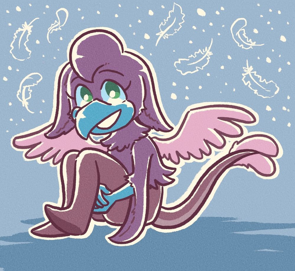A drawing of the character Kimi Gryphon for ~lourantis on Artfight!

Kimi is a purple gryphon with a blue beak, green eyes, pink wings, blue hands, and pink feathers at the tip of her purple tail. She’s sitting on the floor, arms wrapped around under her legs, smiling at the camera as white little feathers drift down in the background. 