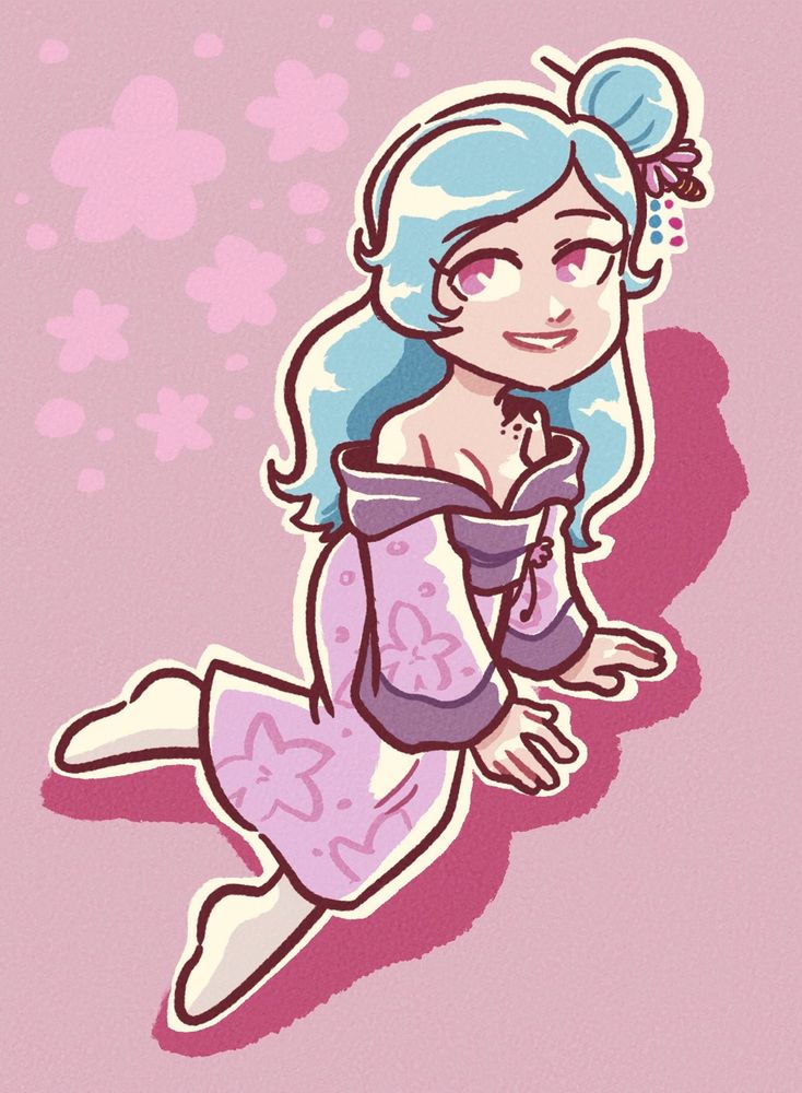 A drawing of the character Sukio Shinhana for shiraru on Artfight!

Sukio is a human girl with long turquoise hair, pink eyes, and light skin. She has the left side of her hair wrapped up in a bun with pink flowery accessories. She has a black flower tattoo on her left shoulder. She’s sitting on the floor, wearing a loose-fitting purplish-pink kimono with flower patterns on the dress, staring up at the camera and smiling semi-flirtingly.  She’s just wearing socks. 