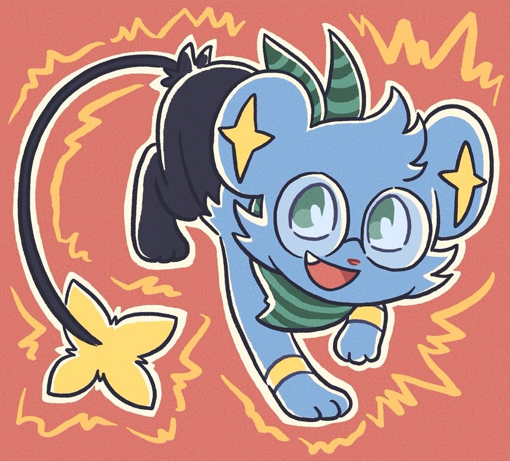 A drawing of a Pokemon Mystery Dungeon Shinx wearing glasses and a striped green bandana, running towards the camera with an open smile, fang visible. The shinx has green eyes and electric sparks popping out around him. His name is Sean!