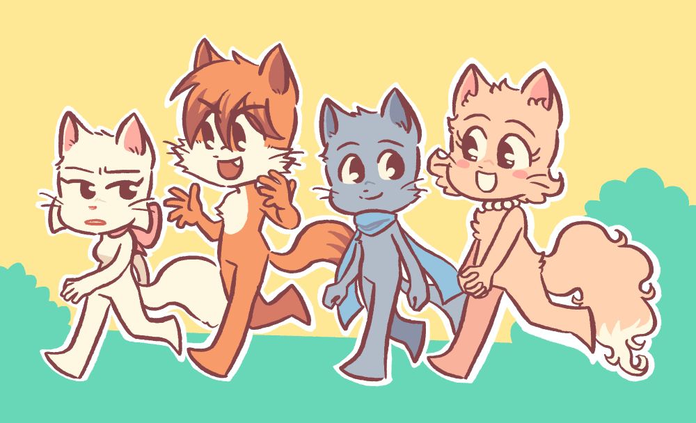 A drawing of the four main characters from the webcomic Bittersweet Candy Bowl, walking together and interacting with one another.

Paulo (orange and white anthro cat) is chattering and gesturing with his hands excitedly to Lucy (white anthro cat), who responds back a little exasperated and lukewarm. Meanwhile Mike (grey anthro cat) and Daisy (peach anthro cat) are having a pleasant conversation, with Daisy clasping her hands together and Mike politely listens to her with a smile on his face. 