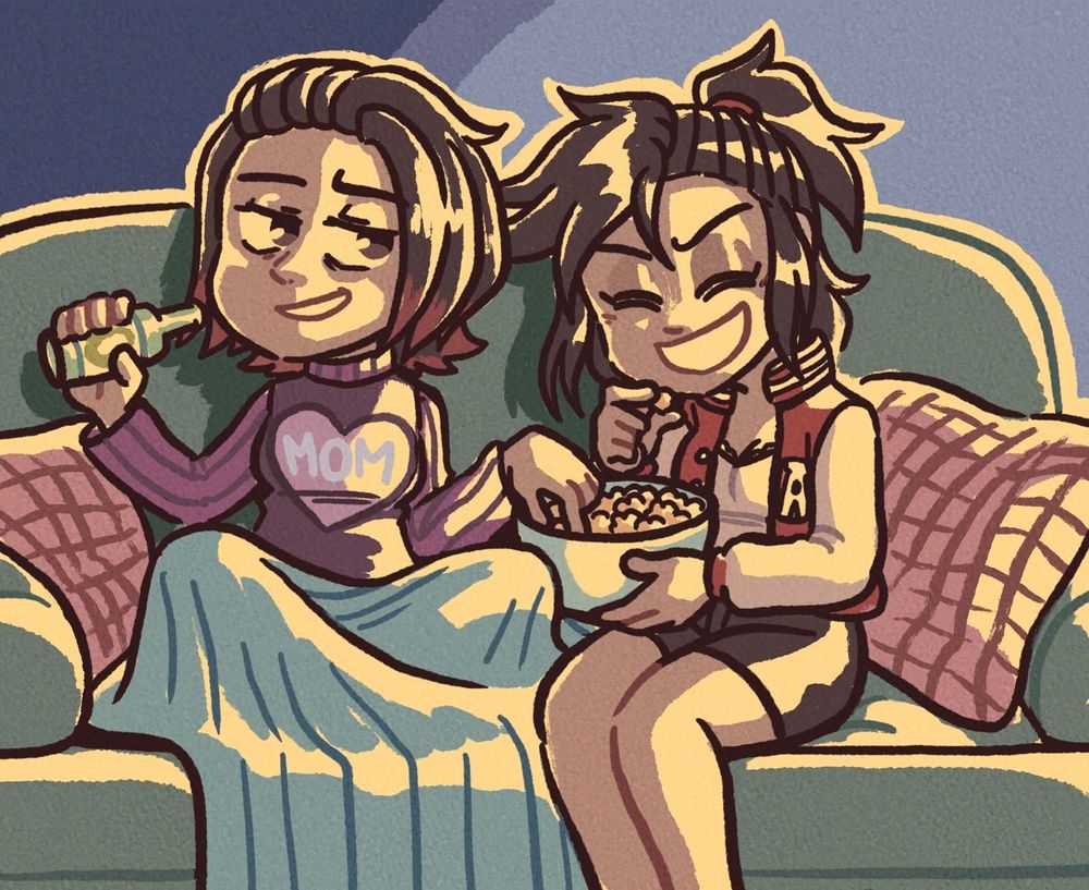 A drawing of the characters Luna and Alie Pasio for ~DanRT on Artfight!

Luna is the mother of Alie. Luna has short brown hair with red on the tips, wearing a purple sweater with “MOM” engraved at the front inside a heart. Alie has her brown spiky hair tied up into a messy ponytail, wearing a red and white blazer and black shorts. They’re sitting on a green couch together watching a movie, with the lights turned off, so only the light of the TV screen is lighting them up. Luna is drinking alcohol from a bottle while grabbing some popcorn from a bowl Alie is holding, Alie laughing at her mother’s remarks towards the movie. 