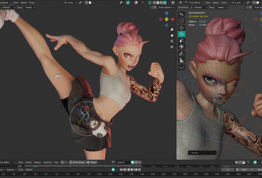screen capture of my OC doing a roundhouse kick. pink haired girl clearly pissed off