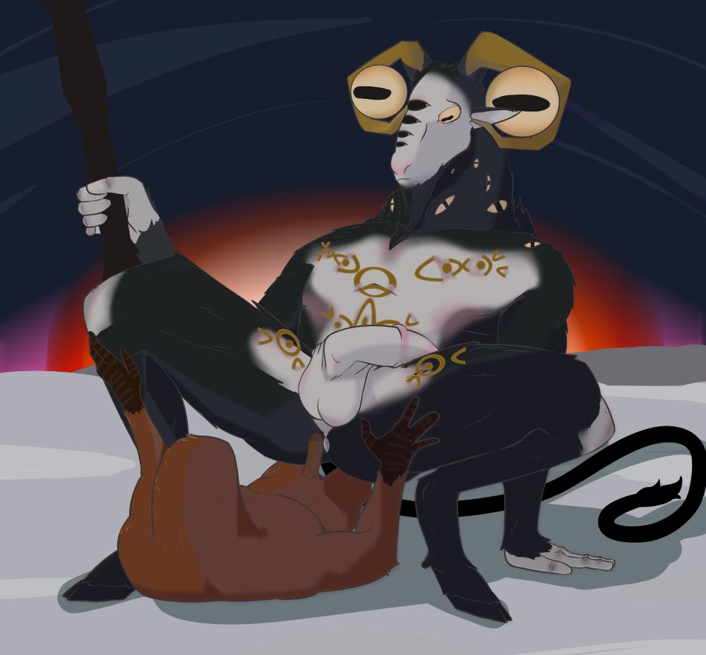 Guardian is laying under a squatting Libra. His dick is hard and close to Libra's hole. 