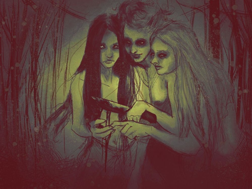 Three women huddle together against a background of implied trees, in an eerie, murky, sickly green. One holds a primitive blade. They explore the mess on the metal. Each woman is looking at the viewer, while their eyes are rendered to look out of frame.