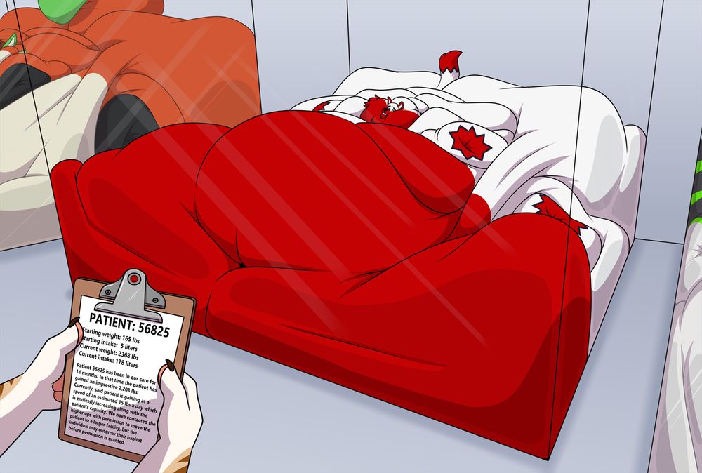 A massively obese white and red anthro fox blob completely fills his confines with his own blubber.