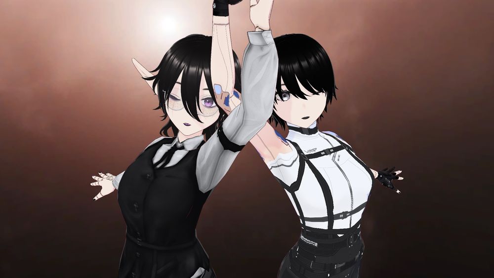 an image of Laplace and Nova mirroring each other, mid-pirouette. their arms are almost interlinked at the elbow, opposite hands splayed out just behind them. they both wear a vaguely somber expression, Mourn's left and Nova's right eyes open.

Mourn is dressed in something resembling a bartender's outfit, in monochrome.
Nova is dressed in futuristic attire, a quarter short sleeve with a harness connected to her high-waisted pants.