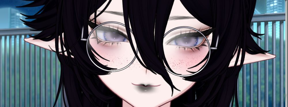 a close-up of Mourn as a Suiika model.
her skin is extremely pale with freckles, eyebags and eyeliner, and lipstick. she has black hair, slightly unkempt. Mourn is standing in front of the vtube studio park entrance png, a smug expression on her face.