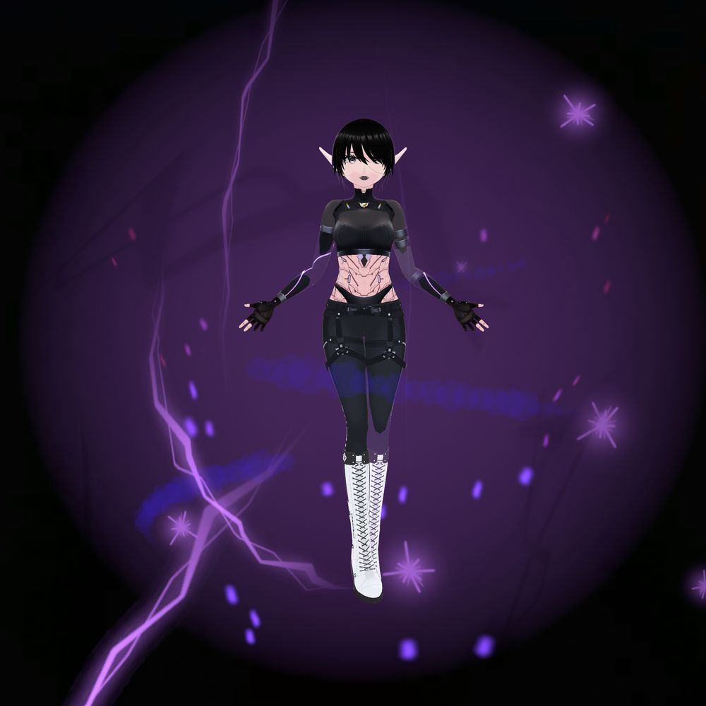 Nova, Mourn's android OC, in a sphere of crackling purple electrical energy. her panels are visible on her abdomen. she wears a mostly black cyberpunk outfit with magenta lighting, and white boots with black detailing. the space around Nova's sphere is pitch black.