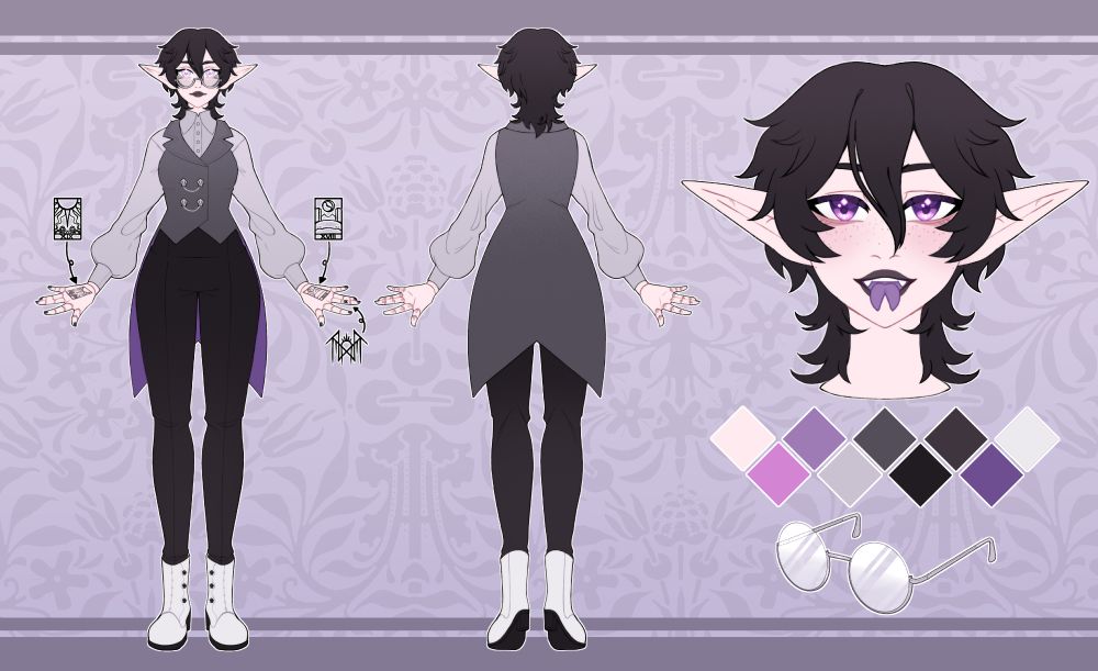 Laplace Mourn's reference sheet on a floral background.
Mourn has a formal outfit on. a grey tailcoat with skull fasteners, an off-white button-up, black slacks, and white boots.
there's a front and back view of her, as well as detail highlights pointing out her tattoos. she has the Sun tarot card on the back of her right hand, and the Moon tarot on the back of her left. she bears the Sleep Token emblem on the middle piece of her left middle finger. both hands are that of a ball-jointed doll's.

on the right, there's a bust image of Laplace. she doesn't have her glasses on, as to show her eyes better. Laplace sticks her tongue out to display that it is split, and a muted purple.
beneath the bust lays her colour palette, and beneath that is her glasses at a three-quarter angle.