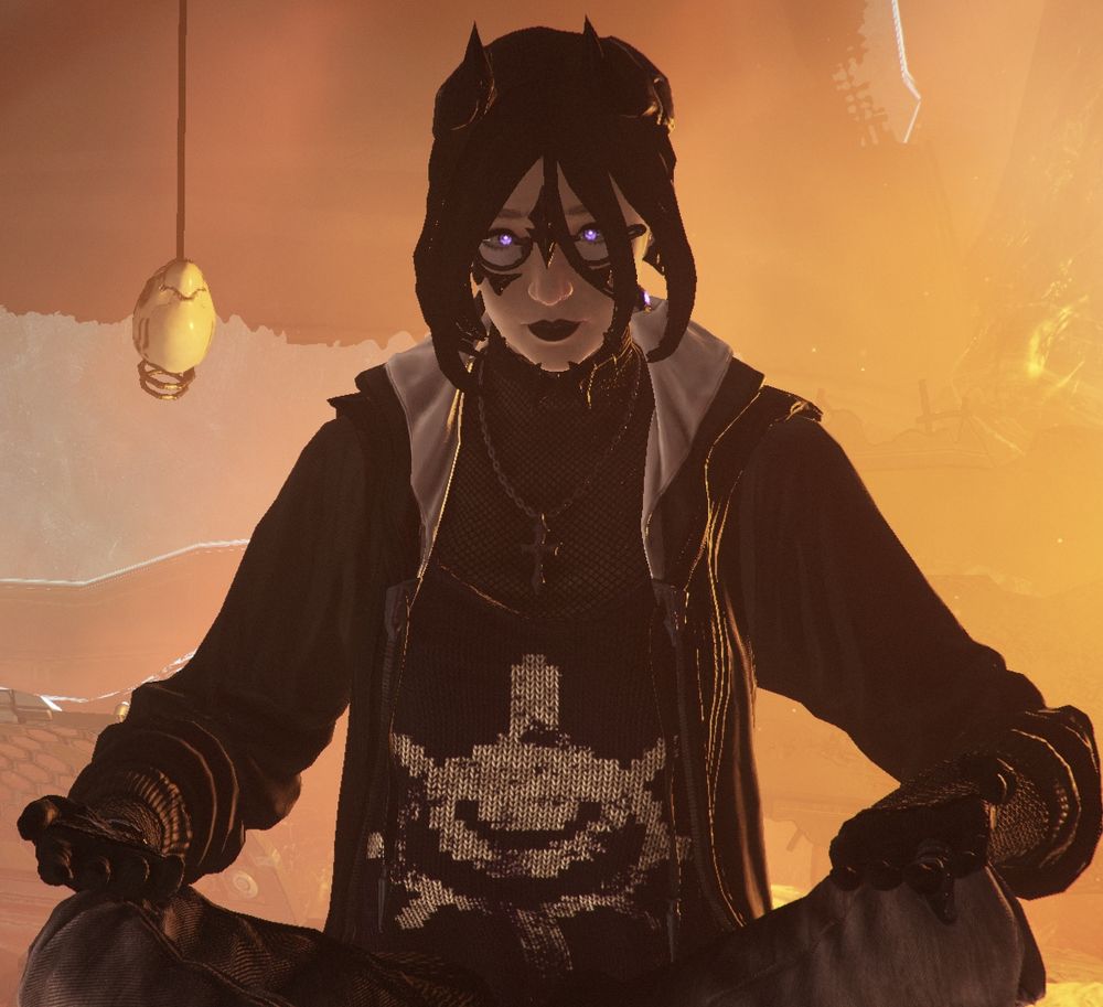 Scarce, Mourn's Drifter, sitting crosslegged in the Stalker's lair. she's wearing the 1999 gothic outfit with Revenant's facial and horn accessories and the circular oculus eyepieces. Her eyes glow purple as she's backlit with orange.
Nova's head hangs on a thick cable behind her.