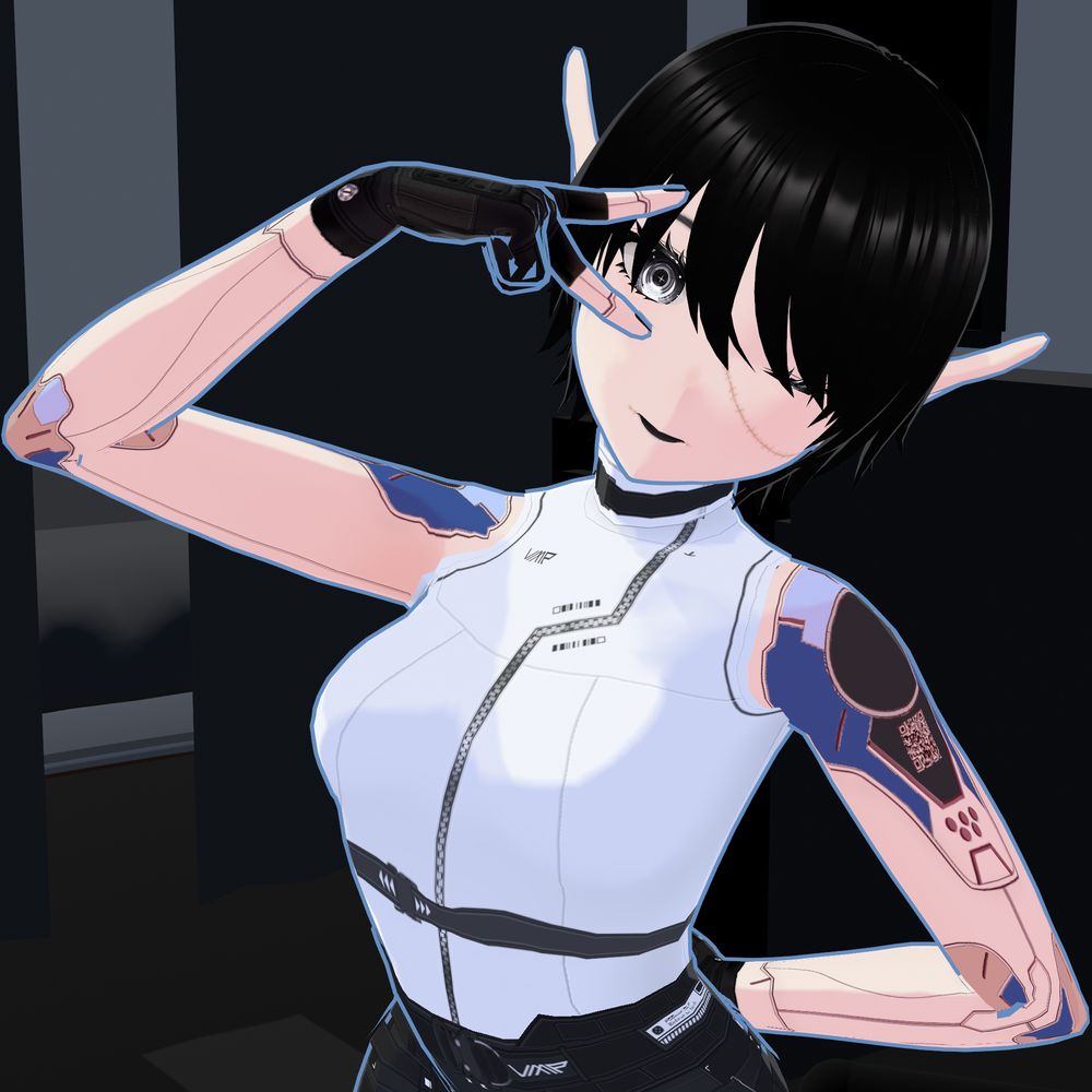 Nova stands in a room with her left arm behind her back, right hand up to her eye and making a V shape. she winks with a smile, her right eye open. Nova wears a monochromatic outfit, her arm paneling visible. the panels are periwinkle, slate grey, and cobalt with flesh-tone detailing.