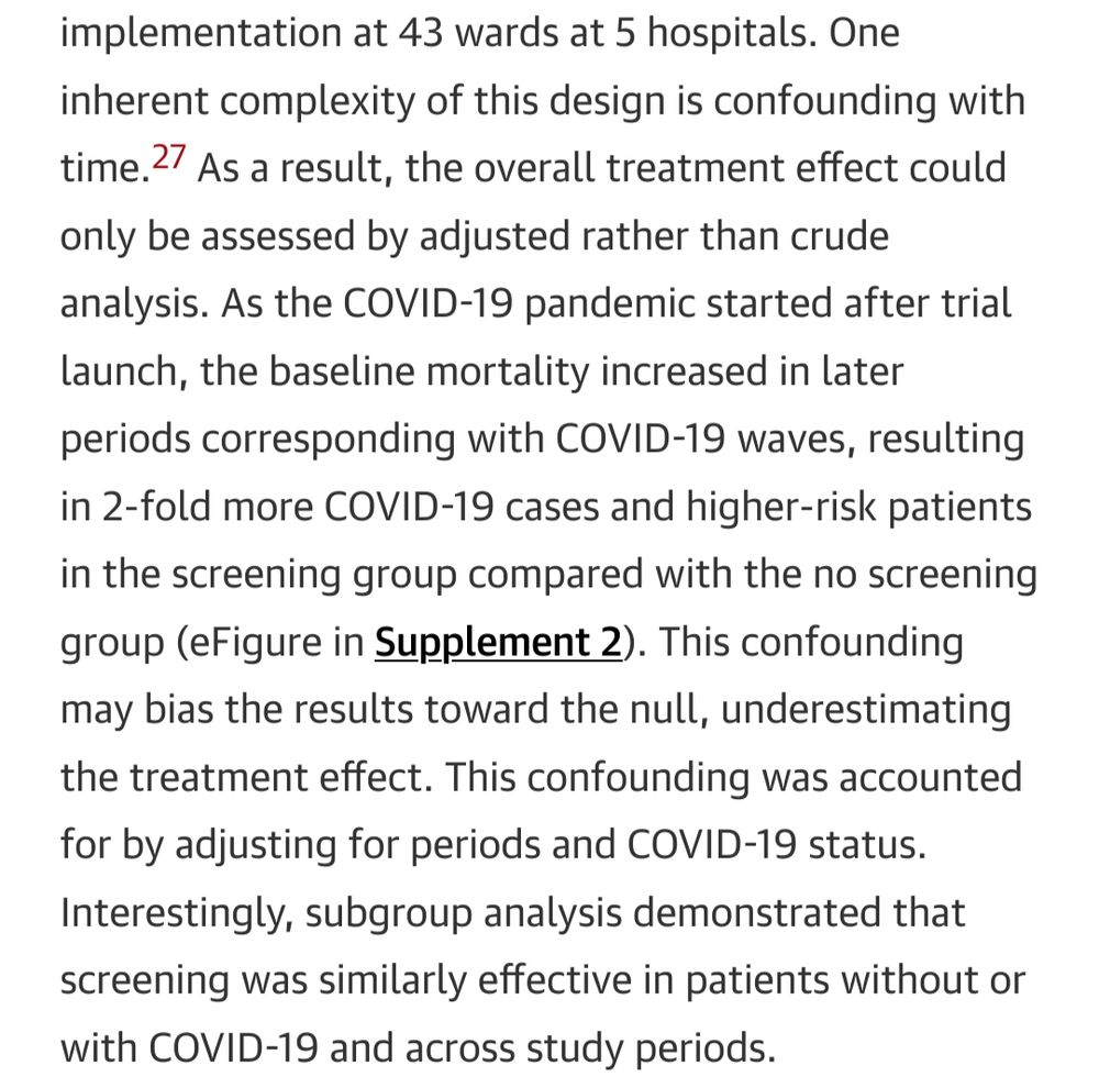 A picture of text that reads: One inherent complexity of this design is confounding with time.27 As a result, the overall treatment effect could only be assessed by adjusted rather than crude analysis. As the COVID-19 pandemic started after trial launch, the baseline mortality increased in later periods corresponding with COVID-19 waves, resulting in 2-fold more COVID-19 cases and higher-risk patients in the screening group compared with the no screening group (eFigure in Supplement 2). This confounding may bias the results toward the null, underestimating the treatment effect. This confounding was accounted for by adjusting for periods and COVID-19 status. Interestingly, subgroup analysis demonstrated that screening was similarly effective in patients without or with COVID-19 and across study periods.