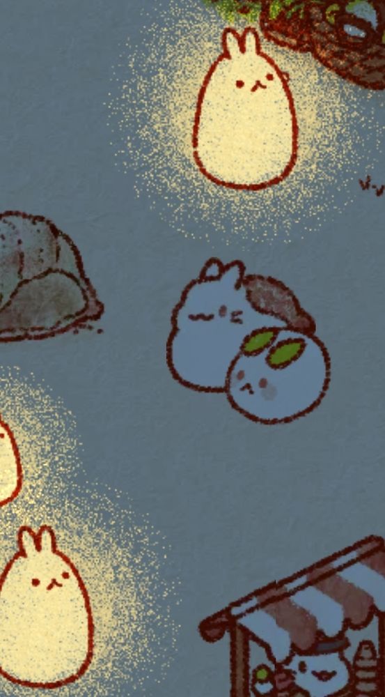 a screenshot in usagi shima of a snow bunny and a white bunny with a shell(?) sitting next to each other surrounded by many lights in the shape of rabbits and a ice cream stand in the right bottom corner 