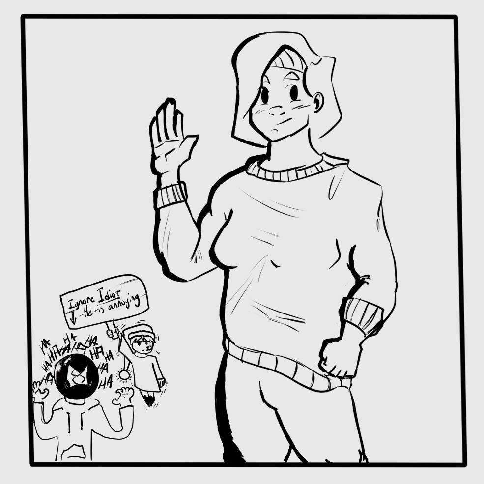 Cool drawing of a girl, the artist with a head of an Billiard 8-Ball (Moi) laughing like a maniac, beside him is friend X3Lilly asking you to ignore him.