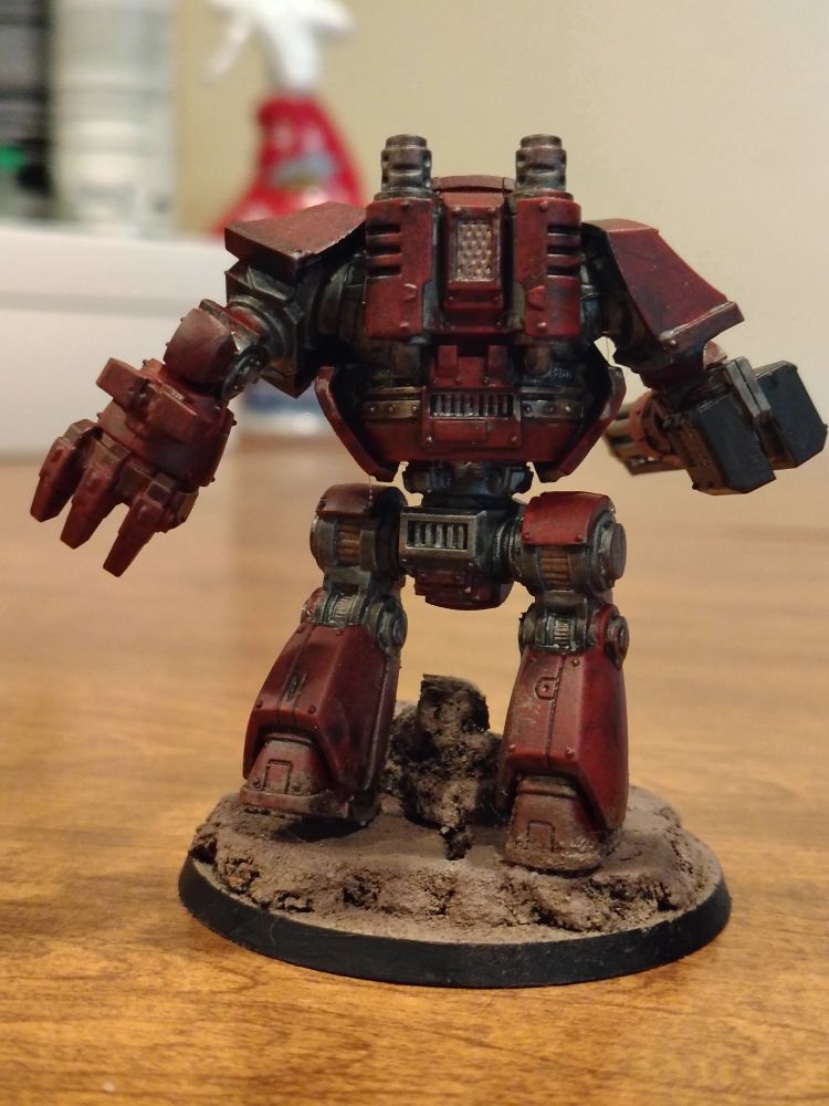 The back of a recently painted Horus Heresy Contemptor Dreadnought