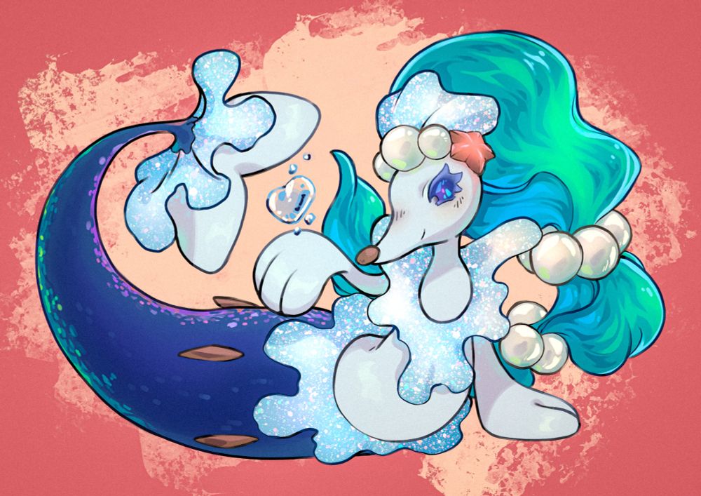 drawing: primarina, a pokemon crossover between a seal and a mermaid, posing and holding a heart-shaped bubble