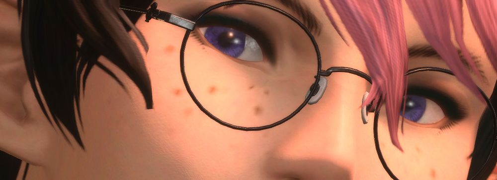A close up into Keska, an elezen woman's blue eyes, through her round spectacles