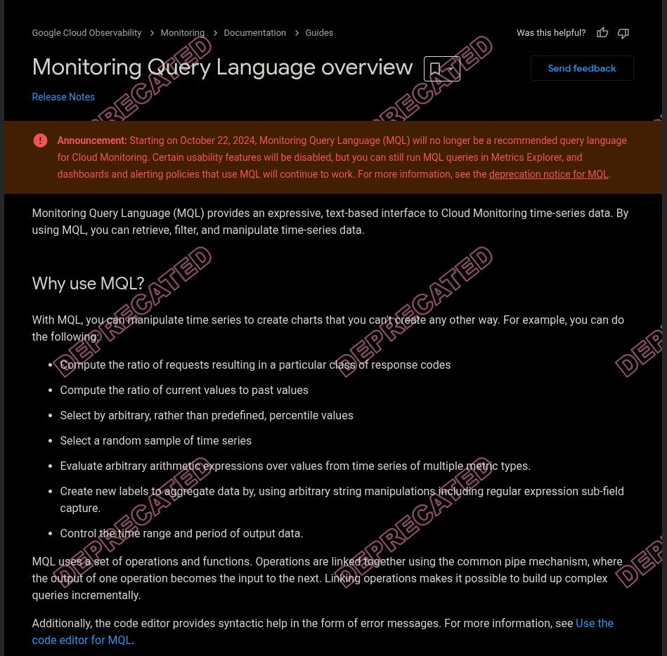 Google Cloud Monitoring documentation with bright red deprecation banner, and red "DEPRECATED" text tiled repeatedly in the background in a sharp call to action.