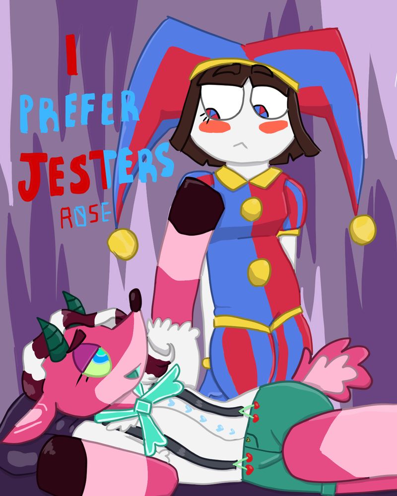 Cherrie, a pink gazelle-deer looking creature, with a teal and white sailor themed outfit, lays on her side posed rather seductively and she reaches up to Pomni, a jester, standing next to her. Title on the right reads “I prefer jesters”.
