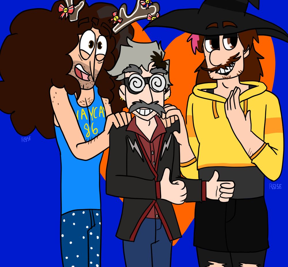 Dan, Arin, and Ethan posing like a happy family together. All smiling, Dan has his hands on Ethan’s shoulders, Ethan is sporting two thumbs up, and Arin has his hand also on Ethan’s shoulder (atop of  Dan’s hand) and another hand gently placed on his chest (I didn’t know what to do with the other hand). All of them dressed as their Family Feud characters which will be described in the second image.